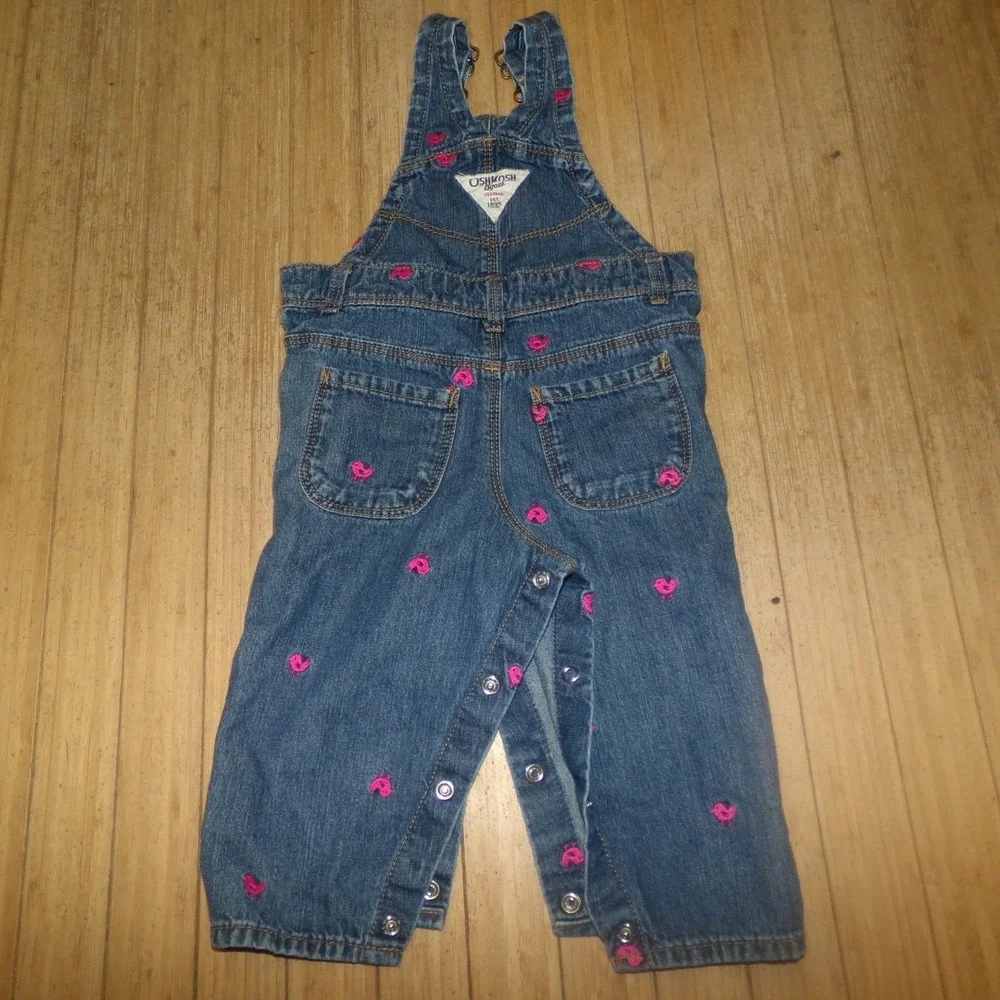 OshKosh Bgosh Baby Girls 12M Vintage Denim Overalls Pink Bird Embroidered